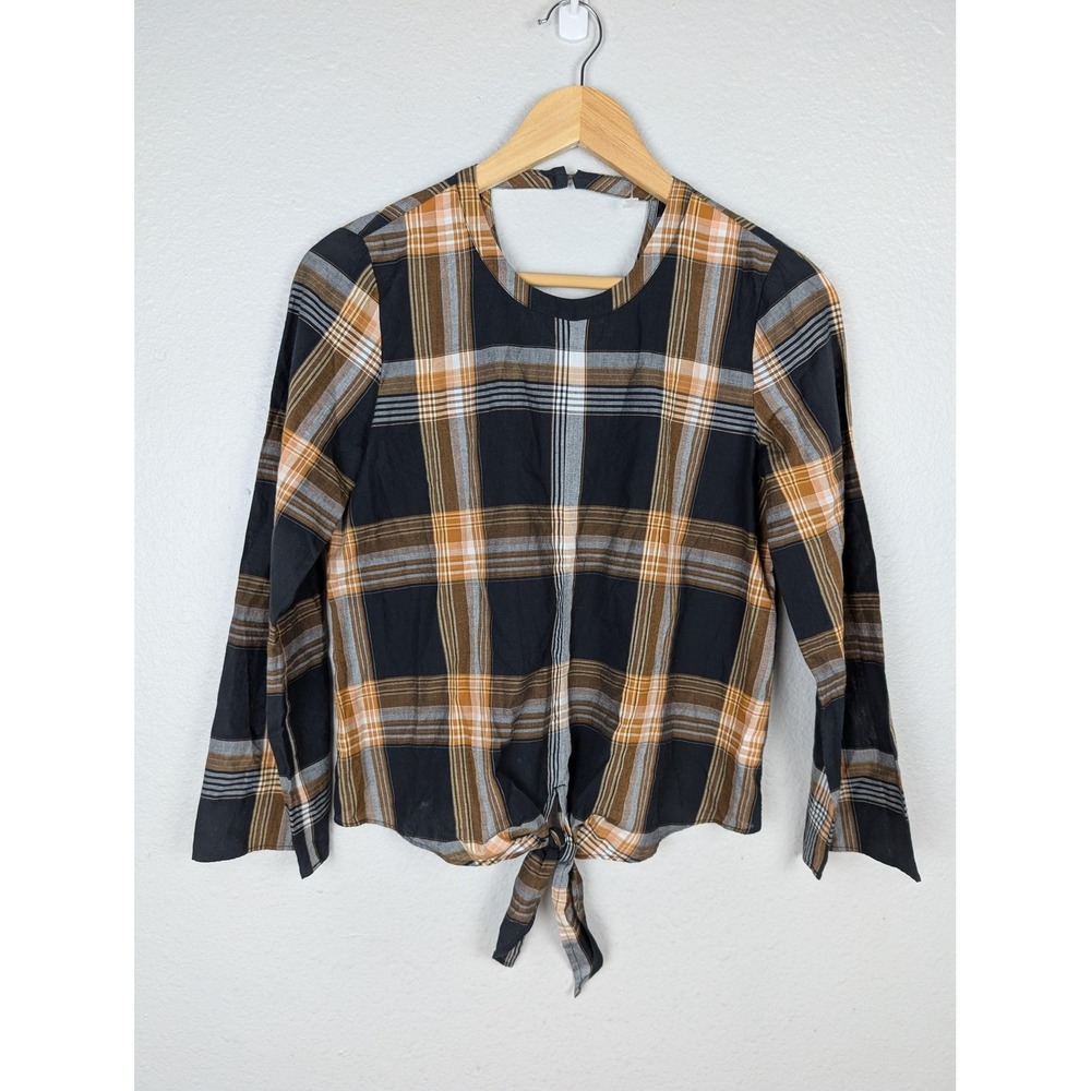 Madewell Shirt Womens XS Black Plaid Tie Front Cropped Long Sleeve Blouse Top